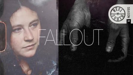 Young woman looking out a window with "Fallout" written across the graphic
